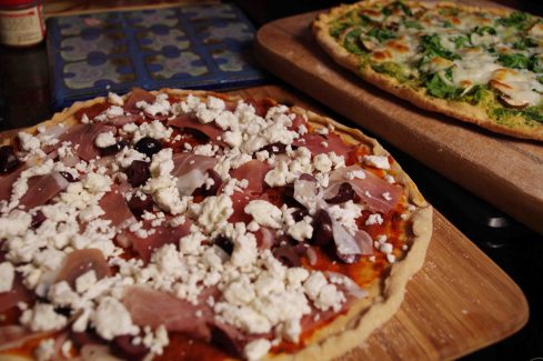 Sun-dried Tomato Pesto Pizza with Prosciutto, Kalamatas and Feta